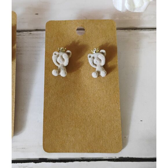 (2) New Flocked/Fuzzy Earrings Bunny Rabbits & Bear w/Crown Studs Cute, Funky 3D - Picture 3 of 5